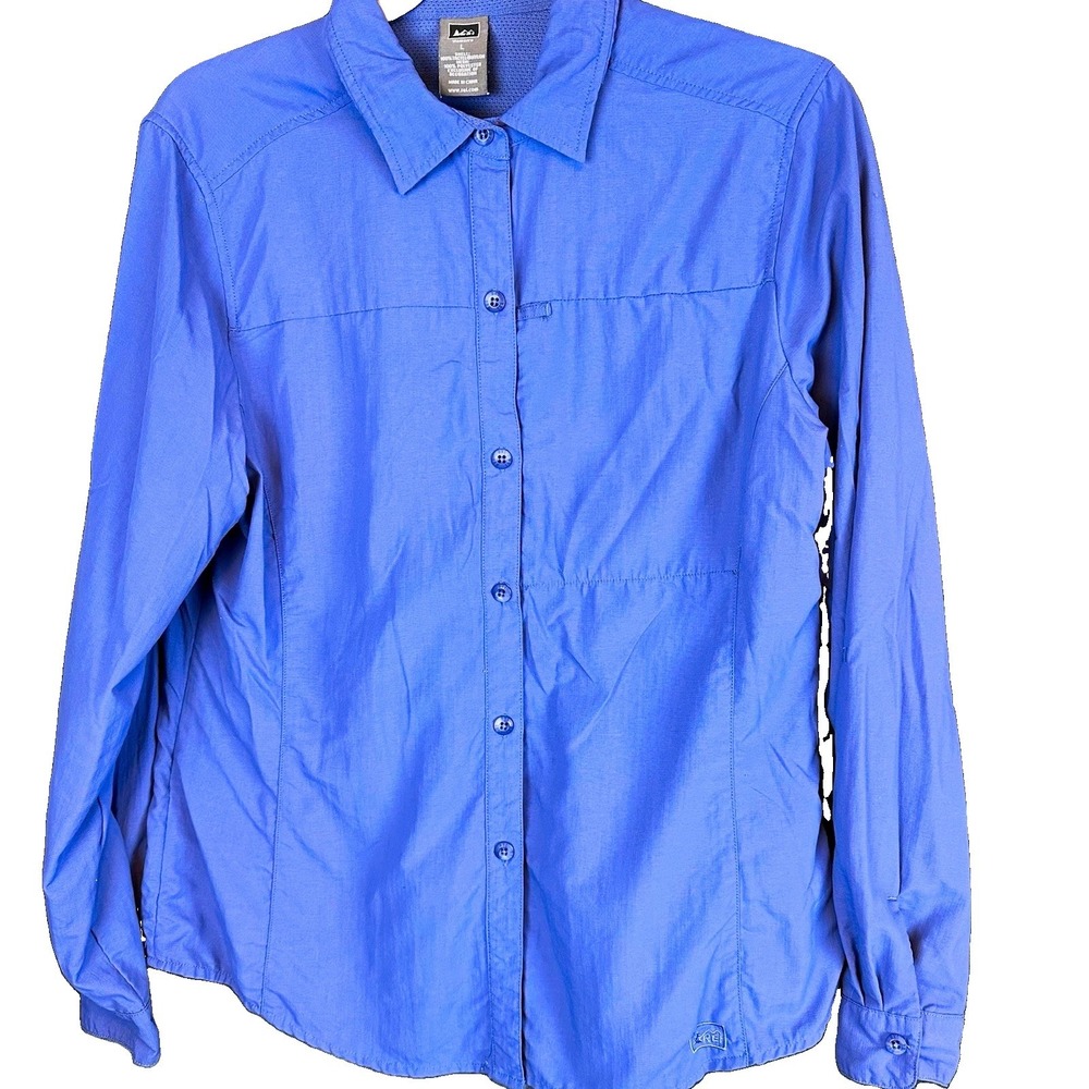 REI Women's L Blue Long Sleeve Button-Down Hiking Shirt Nylon/Polyester